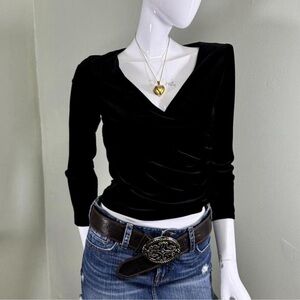 Vintage 90s Stage Accents Black Stretch Velvet Slim Wrap 3/4 Long Sleeve Top
